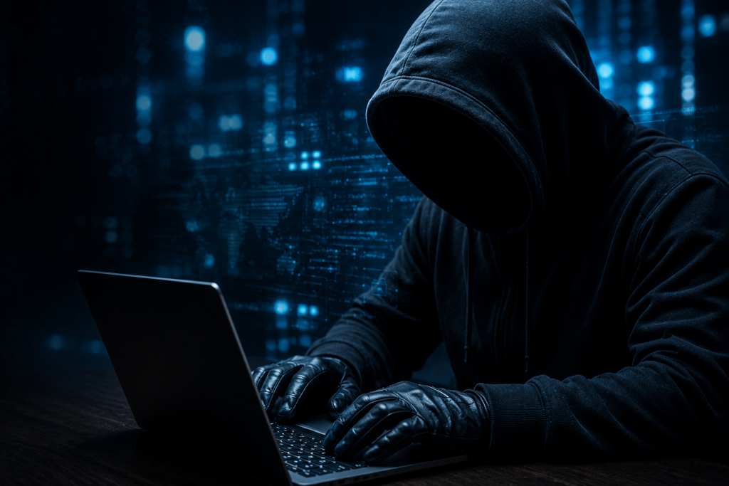 Hooded figure wearing gloves types on a laptop in a dark, blue-toned cybercrime setting.