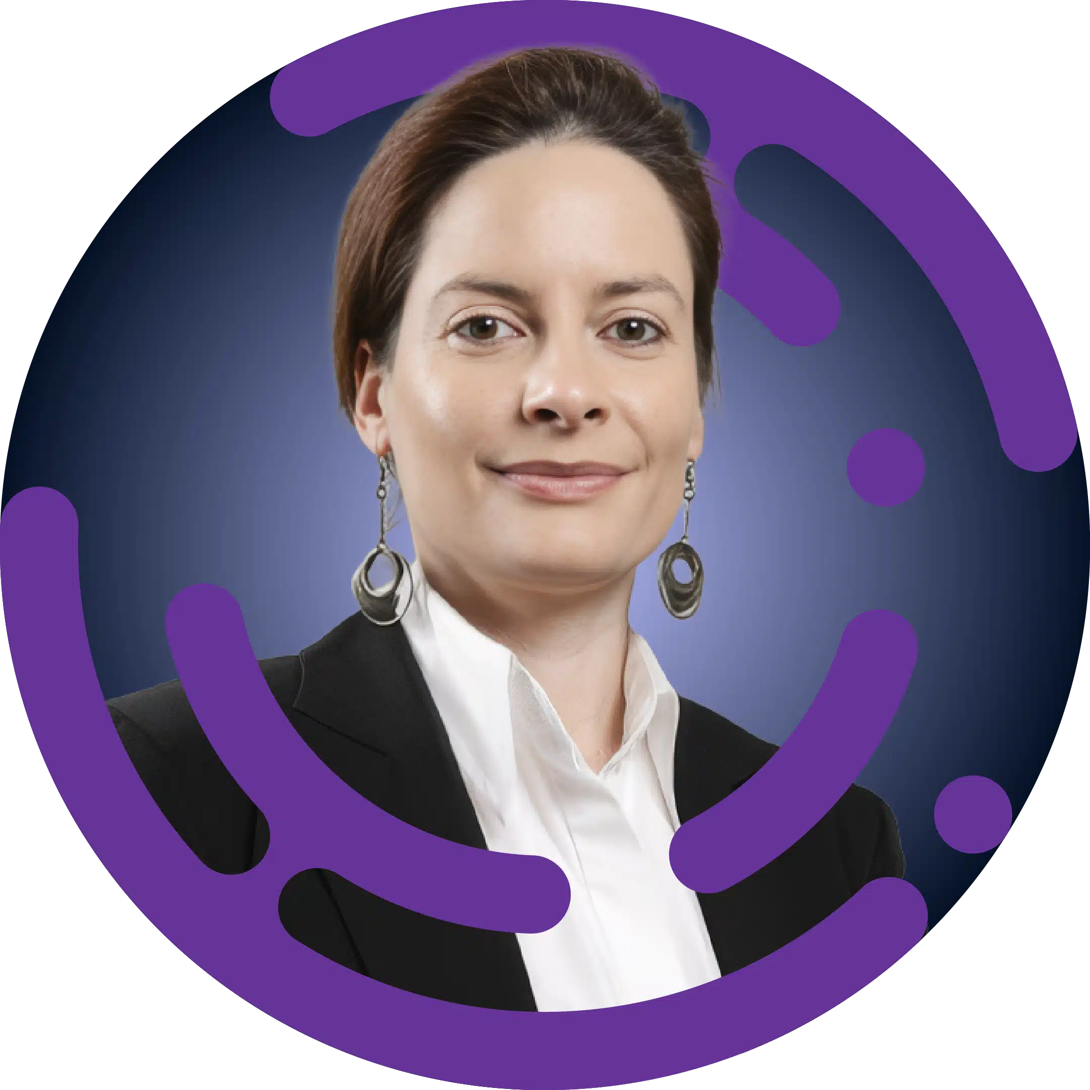 Close-up portrait of a woman in a blazer and white blouse, smiling, with purple abstract graphics in the background.