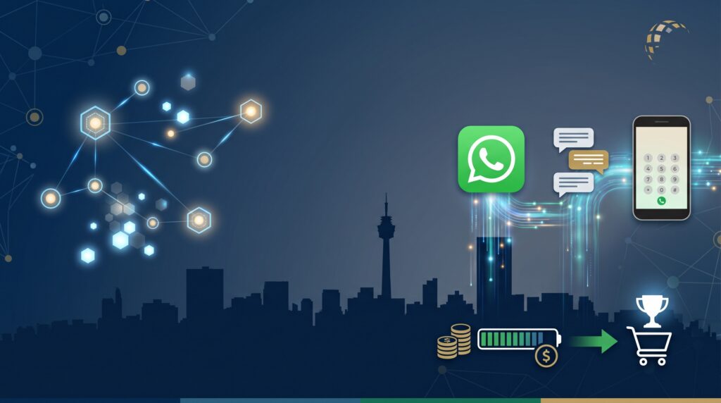 Digital communication concept with WhatsApp icon, chat bubbles, a smartphone, and a city skyline at dusk.