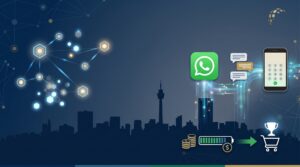 Low-Data Architecture for South Africas Digital Economy - SAICTA - SAICTA Digital communication concept with WhatsApp icon, chat bubbles, a smartphone, and a city skyline at dusk.